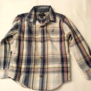 Nautica Dress Shirt Boys‎ 4T White Embroidered Logo / Long Sleeve Plaid